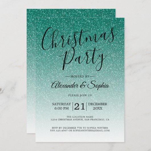 Chic Script Green Glitzer Ombre Party Einladung (Vorne/Hinten)