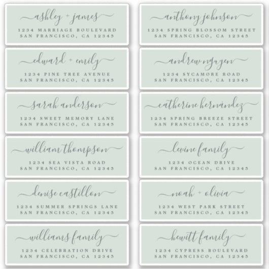 Chic Script Green Wedding Guest Address Labels (Vorderseite)