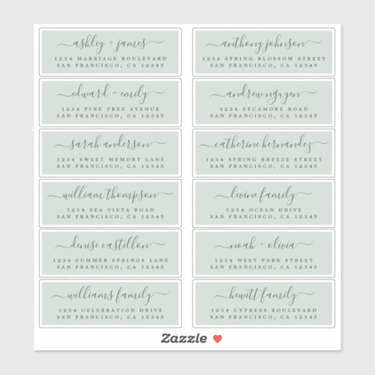 Chic Script Green Wedding Guest Address Labels (Blatt)