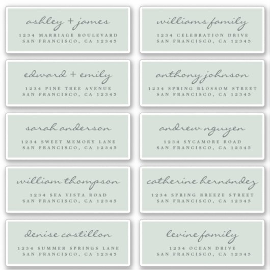 Chic Script Green Wedding Guest Address Labels (Vorderseite)