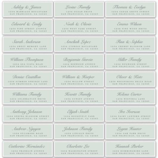 Chic Script Green Wedding Guest Address Labels (Vorderseite)