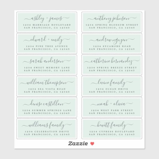 Chic Script Green Wedding Guest Address Labels (Blatt)