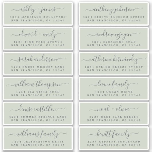 Chic Script Green Wedding Guest Address Labels (Vorderseite)