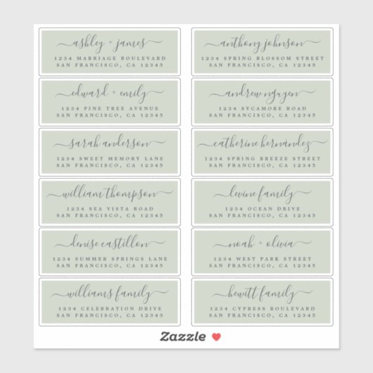 Chic Script Green Wedding Guest Address Labels (Blatt)