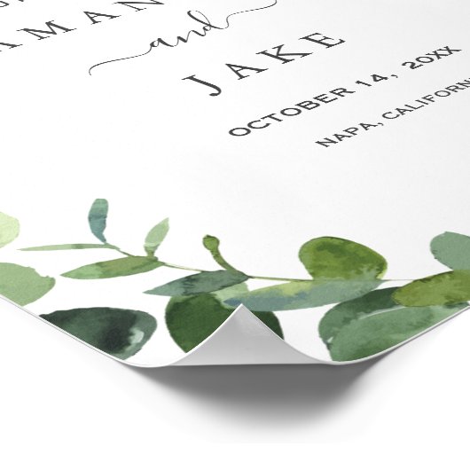 Chic Script Greenery Eucalyptus Wedding Willkommen Poster (Ecke)