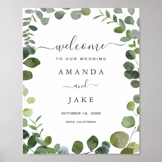 Chic Script Greenery Eucalyptus Wedding Willkommen Poster (Vorne)