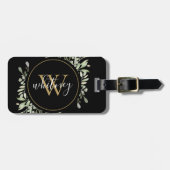 Chic Script Greenery Gold Monogram Black Gepäckanhänger (Vorderseite horizontal)