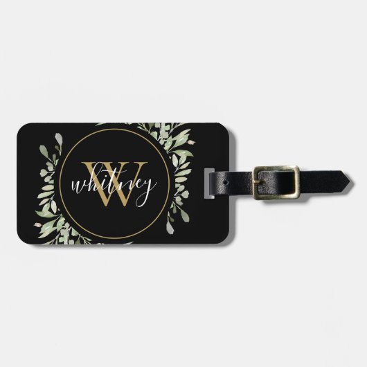 Chic Script Greenery Gold Monogram Black Gepäckanhänger (Vorderseite horizontal)