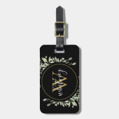 Chic Script Greenery Gold Monogram Black Gepäckanhänger (Vorderseite vertikal)