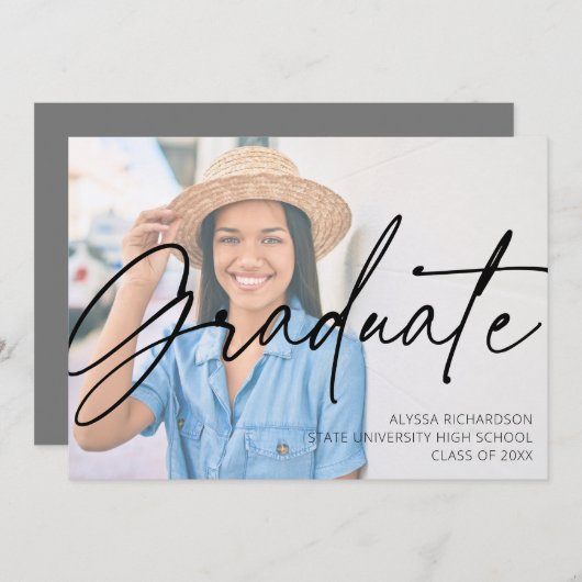 Chic Script H Foto Graduation Party Gray Einladung (Vorne/Hinten)