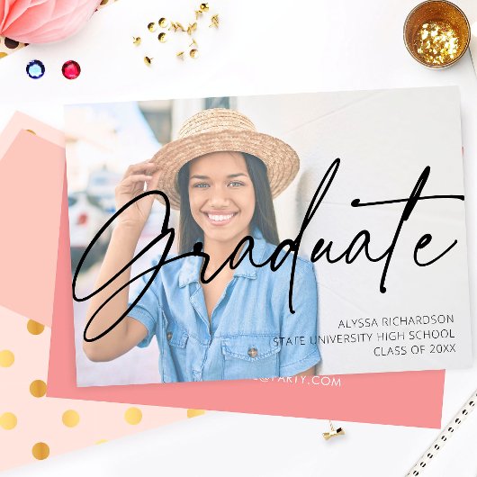 Chic Script H Foto Graduation Party Pink Einladung