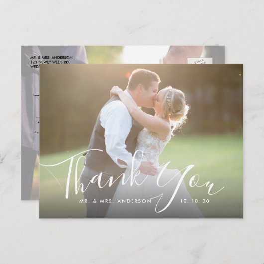 Chic Script Hand Lettered Foto Wedding Vielen Dank Postkarte (Vorne/Hinten)