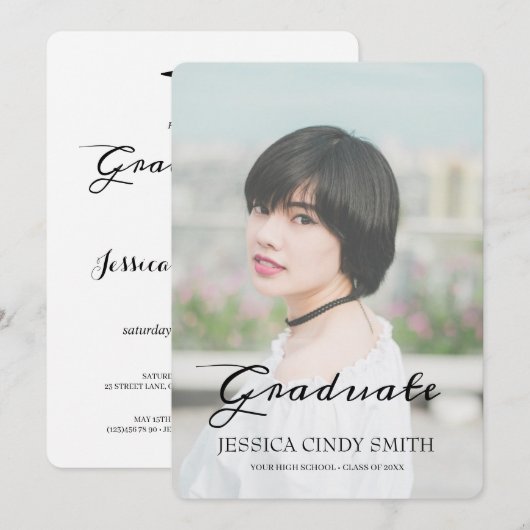 Chic Script Imitats Vellum Effect Foto Abschluss Einladung (Vorne/Hinten)