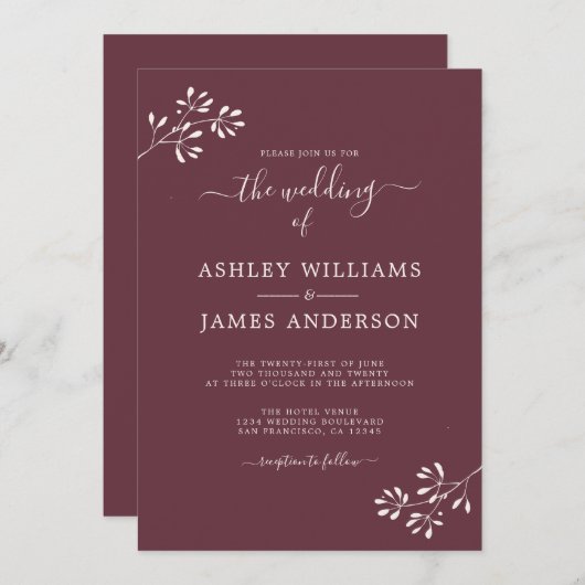 Chic Script Ivory Foliage Burgundy Wedding Einladung (Vorne/Hinten)
