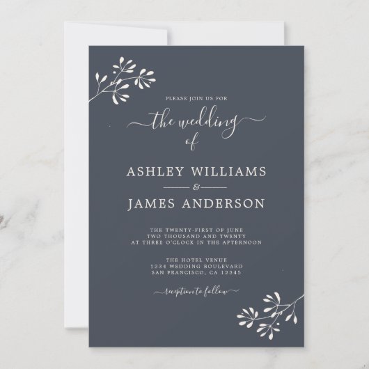 Chic Script Ivory Foliage Dark Blue Wedding Einladung (Vorderseite)