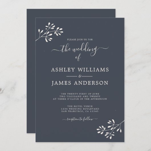 Chic Script Ivory Foliage Dark Blue Wedding Einladung (Vorne/Hinten)