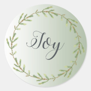 Chic Script Joy Foliage Wreath Green Weihnachten Runder Aufkleber