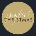 Chic Script Joyful Modern Happy Christmas Gold Runder Aufkleber<br><div class="desc">Modernes,  elegantes Drehbuch mit einem goldenen Rundaufkleber für Ihre Urlaubssendung. Sie können die Hintergrundfarbe an Ihr Urlaubsthema anpassen. Entwickelt von Thisisnotme©</div>