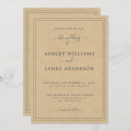 Chic Script Kraft Paper Wedding Einladung (Vorne/Hinten)