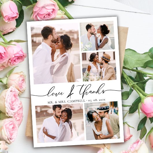Chic Script-Liebe und dank Foto Collage Hochzeit Dankeskarte