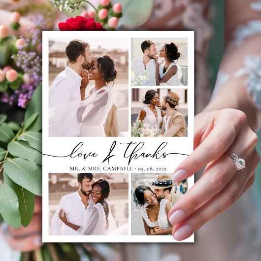 Chic Script-Liebe und dank Foto Collage Hochzeit Dankeskarte