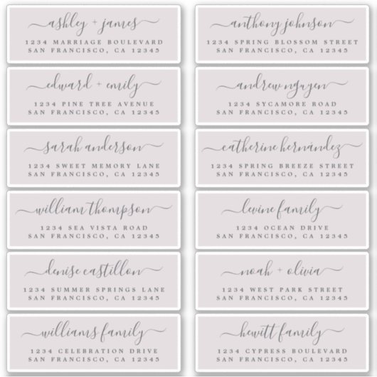 Chic Script Lila Wedding Guest Address Labels (Vorderseite)