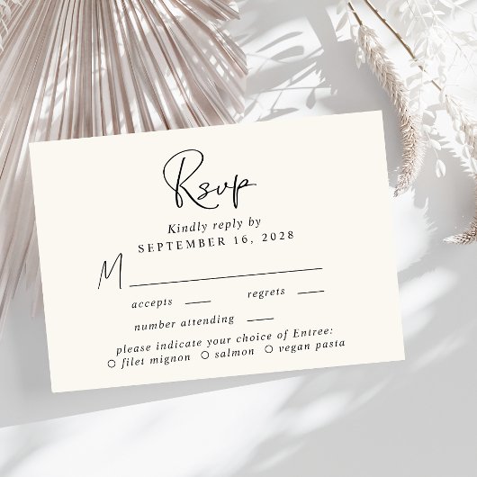 Chic Script Menü Auswahl Cream Wedding RSVP Karte