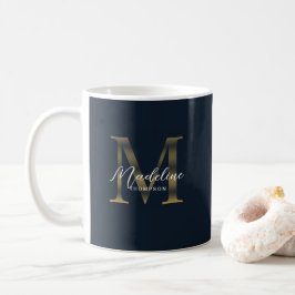 Chic Script Metallic Navy Blue Gold Monogram Kaffeetasse