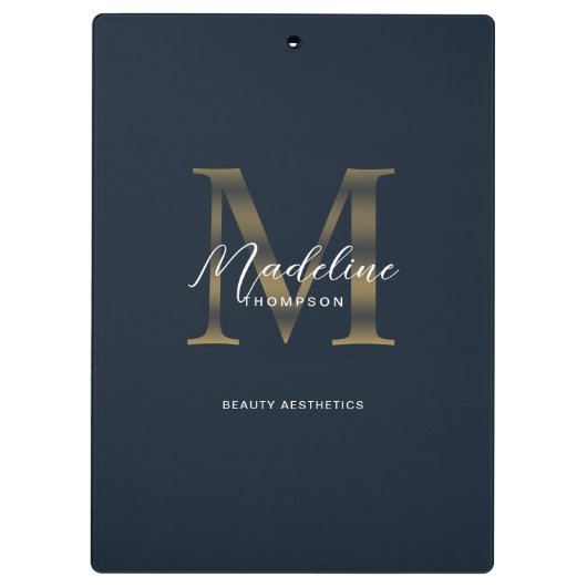 Chic Script Metallic Navy Blue Gold Monogram Klemmbrett (Rückseite)