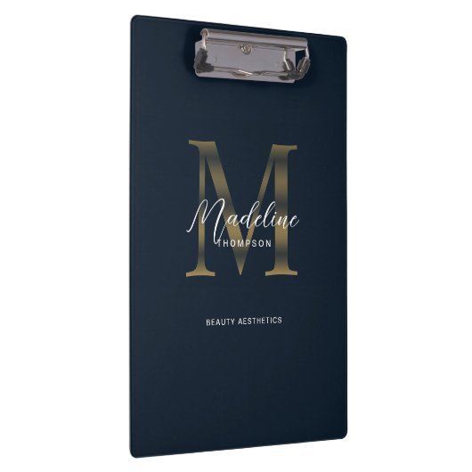 Chic Script Metallic Navy Blue Gold Monogram Klemmbrett (Rechts)