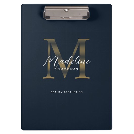 Chic Script Metallic Navy Blue Gold Monogram Klemmbrett (Vorderseite)