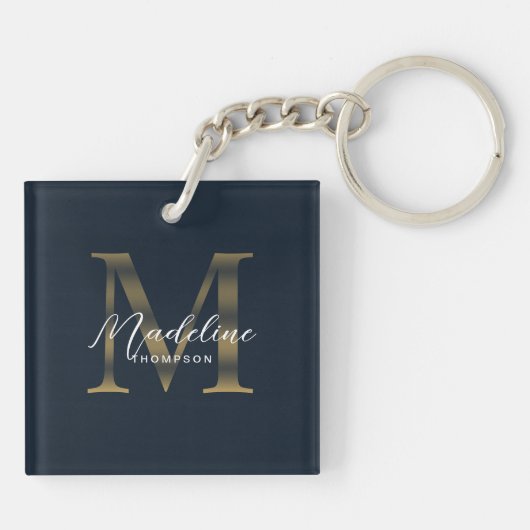 Chic Script Metallic Navy Blue Gold Monogram Schlüsselanhänger (Rückseite)