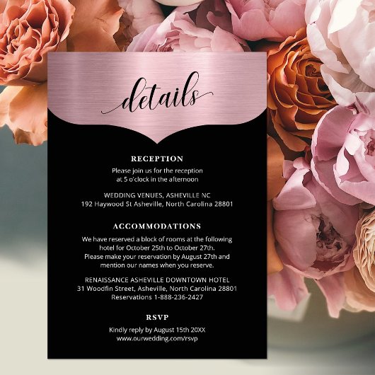 Chic Script Metallic Rose Gold Details Hochzeit Begleitkarte