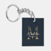 Chic Script Metallisch Navy Blau Gold Monogramm Schlüsselanhänger (Vorderseite links)