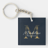 Chic Script Metallisch Navy Blau Gold Monogramm Schlüsselanhänger (Vorderseite)