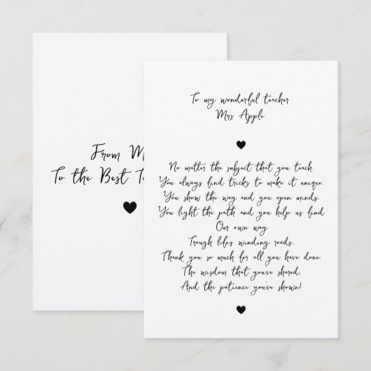 Chic Script Minimal Wertungsgedicht für Lehrer Dankeskarte (Vorne/Hinten)