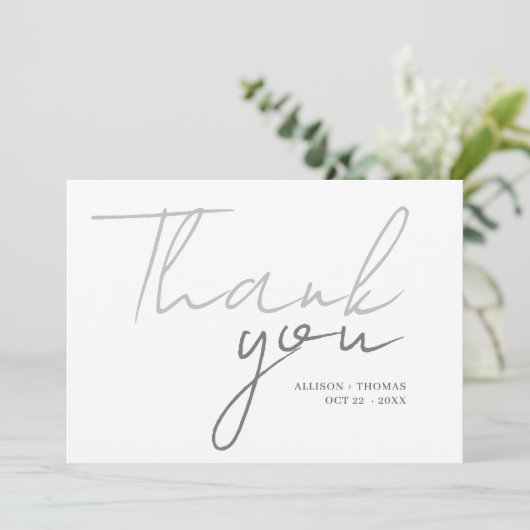 Chic Script Minimalistisch Foto Light Gray Wedding Dankeskarte (Stehend Vorderseite)