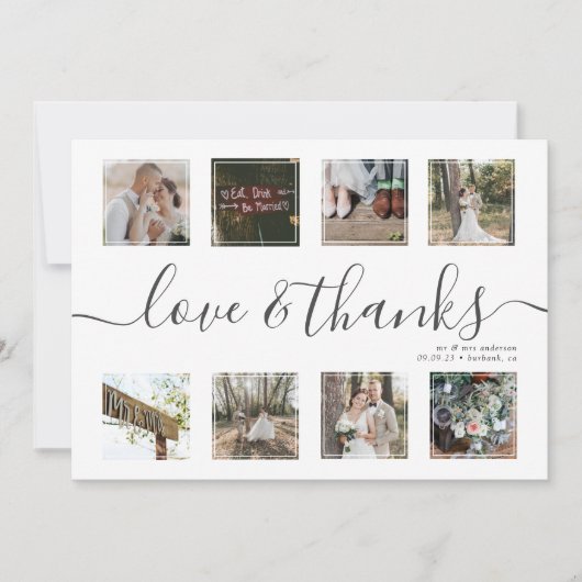 Chic Script Modern Foto Collage Wedding Vielen Dan Dankeskarte (Vorderseite)