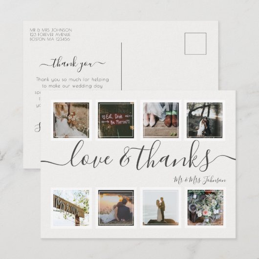 Chic Script Modern Foto Collage Wedding Vielen Dan Postkarte (Vorne/Hinten)