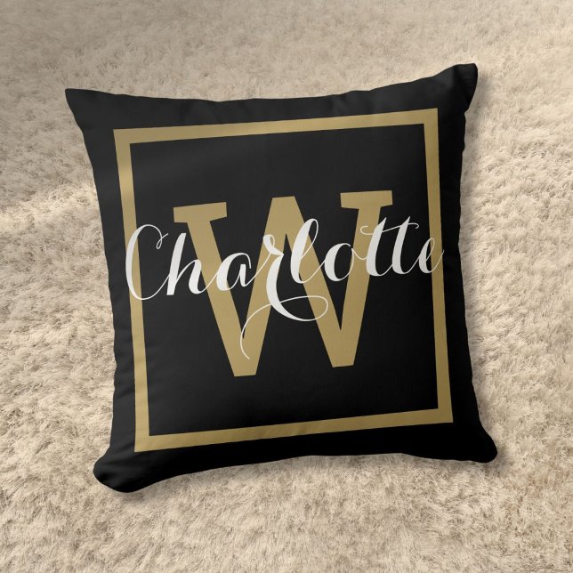 Chic Script Modern Gold Monogram Black Kissen (Chic Script Modern Gold Monogram Black Throw Pillow)