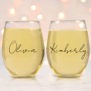 Chic Script Monogram Bachelorette-Brautparty Weinglas Ohne Stiel
