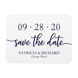 Chic Script Navy Blau Weiße Hochzeit Save The Date Magnet