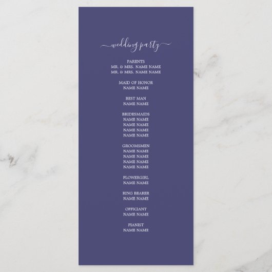 Chic Script Navy Blue Einfache Minimal Hochzeit Programm (Rückseite)