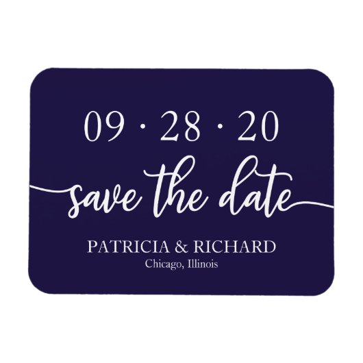 Chic Script Navy Blue Wedding speichern das Datum Magnet (Horizontal)