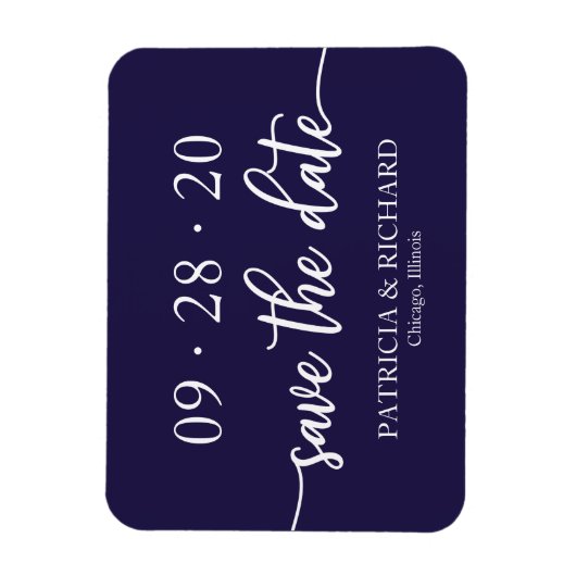 Chic Script Navy Blue Wedding speichern das Datum Magnet (Vertikal)