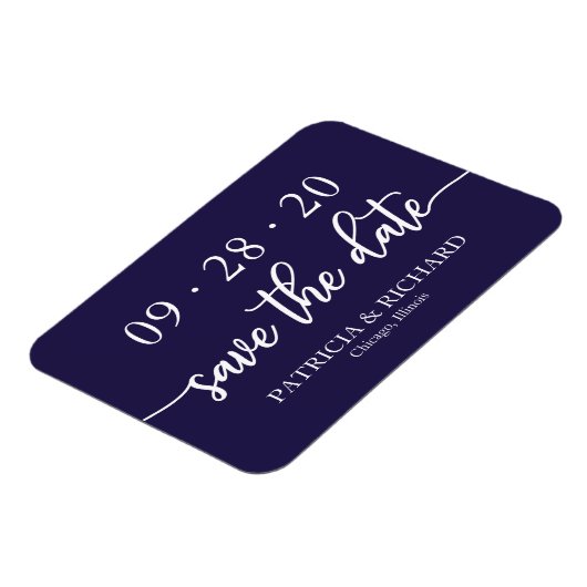 Chic Script Navy Blue Wedding speichern das Datum Magnet (Linke Seite)