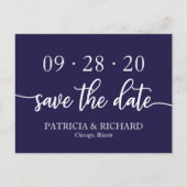 Chic Script Navy Blue Wedding speichern das Datum Postkarte (Vorderseite)