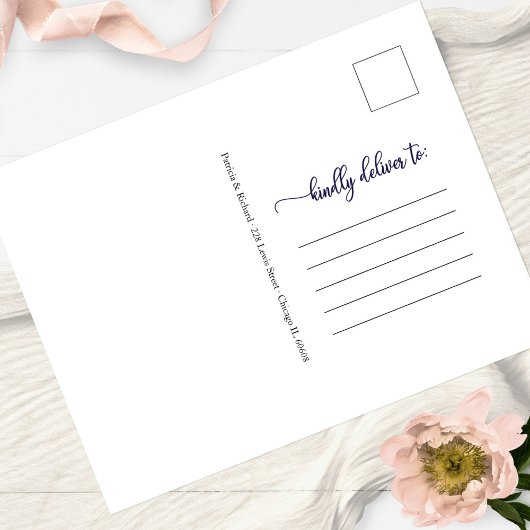 Chic Script Navy Blue White Wedding speichern das  Postkarte