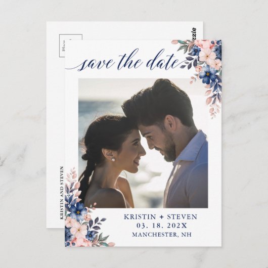 Chic Script Navy Peach Floral Foto Save the Date Postkarte (Vorne/Hinten)
