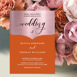 Chic Script Orange Metallic Rose Gold Wedding Einladung